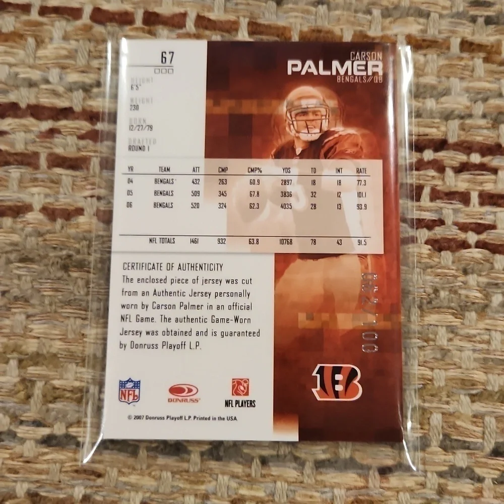 LEAF Rookies & Stars Carson Palmer NFL Cincy Bengals Player Worn Jersey Card